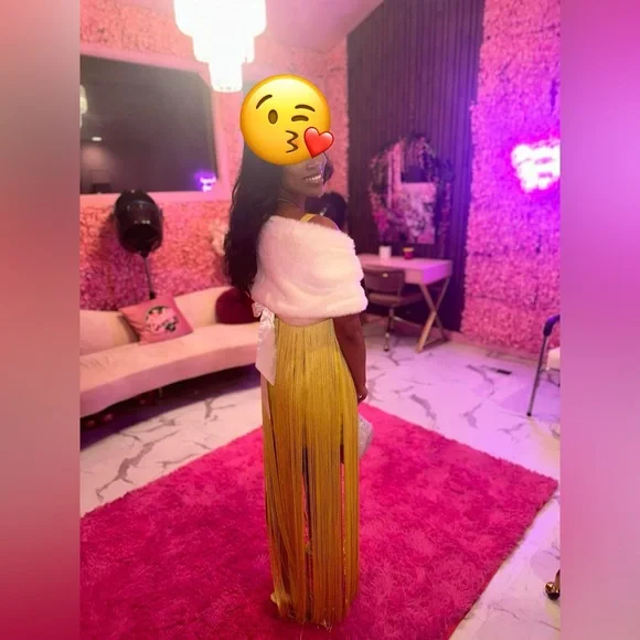 HOUSE OF CB 'Emee' Acid Yellow Satin Fringe Dress/Size M-US 6-8. Chartreuse - Picture 4 of 11